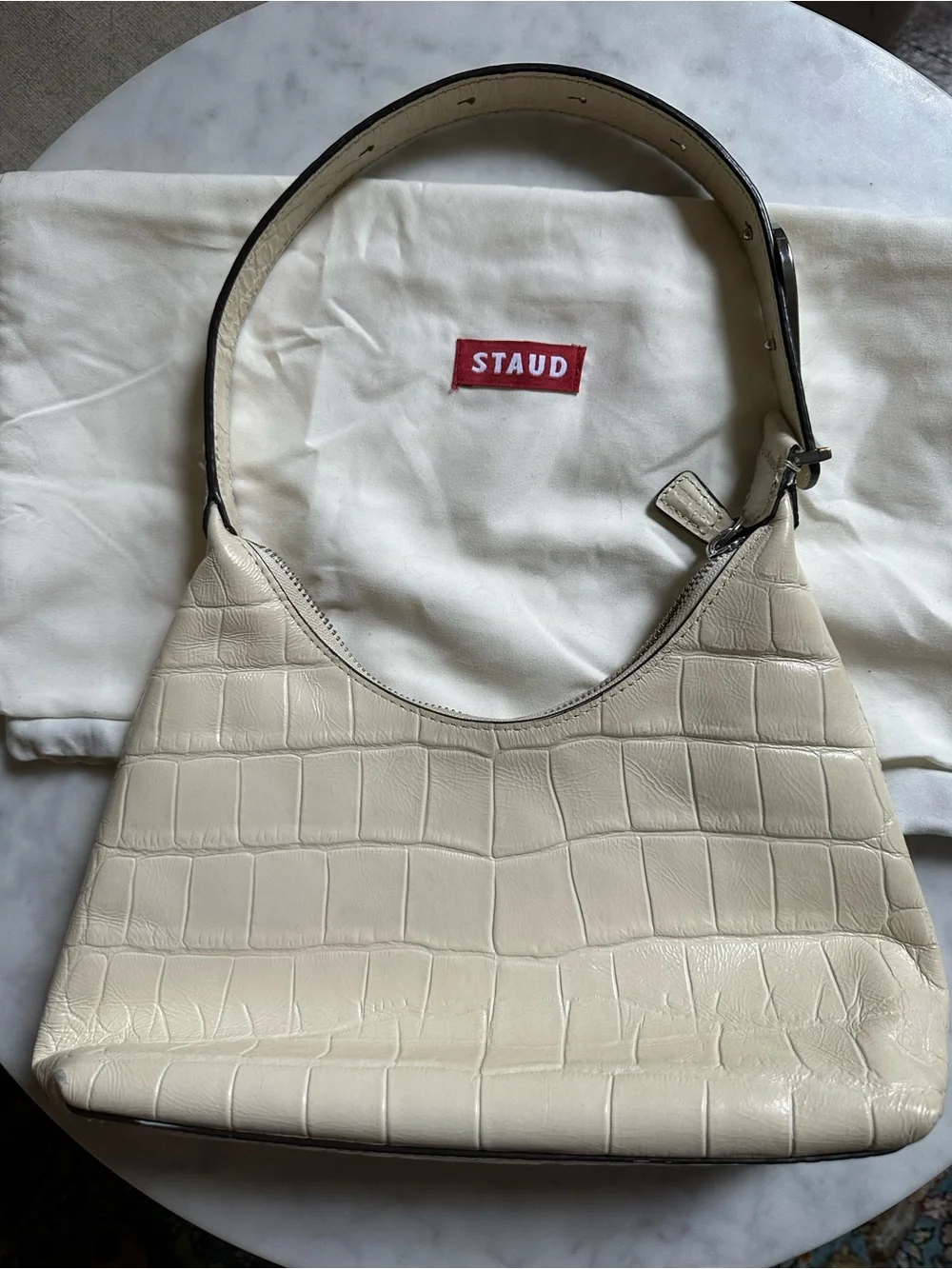 STAUD Croc-Embossed Hobo Bag in Cream
